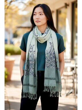 Long Embroidered Scarf Sage Green & Cream Ombre Fringed